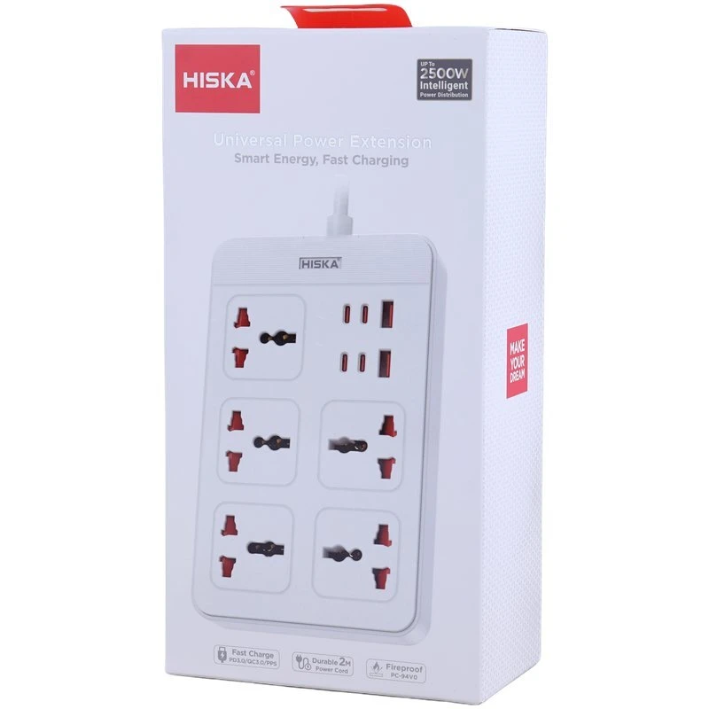 چند راهی 5 خانه هیسکا با کابل 2 متری + شارژر USB و Type-C