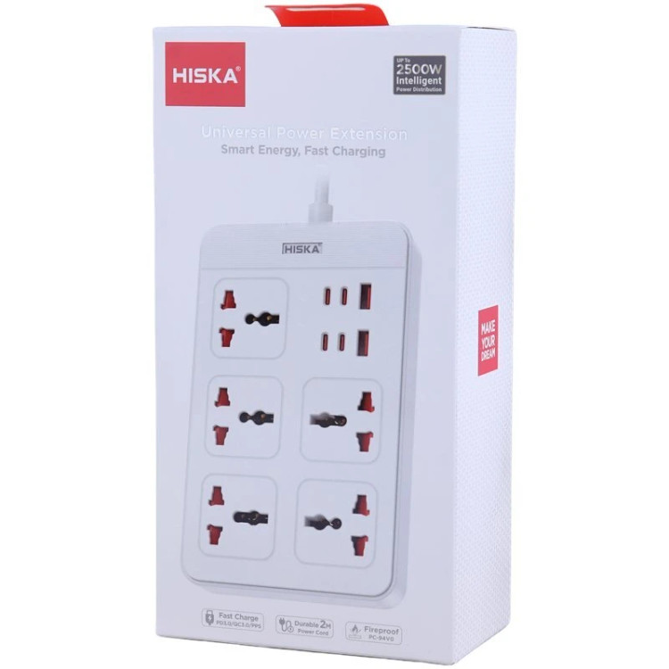 چند راهی 5 خانه هیسکا با کابل 2 متری + شارژر USB و Type-C